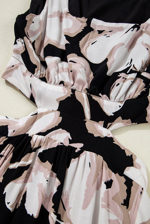 Black Floral Cutout Square Neck Knot Back Sleeveless Maxi Dress